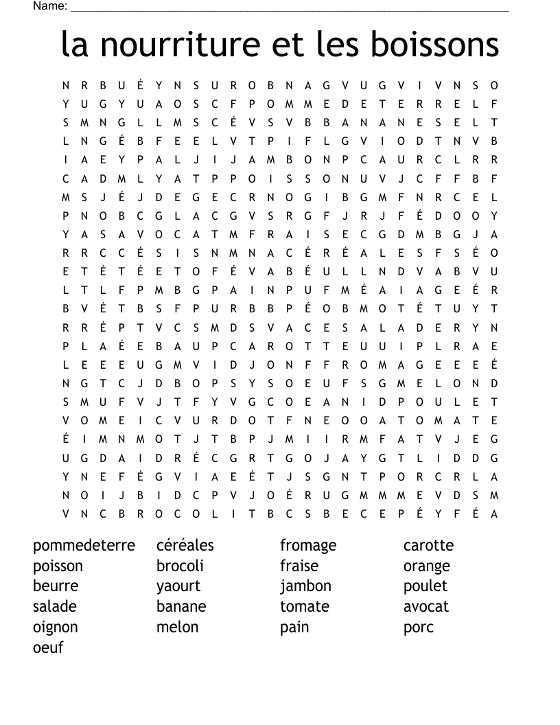 la nourriture et les boissons Word Search