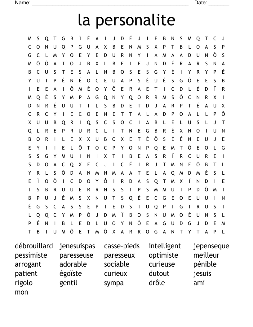 la personalite Word Search