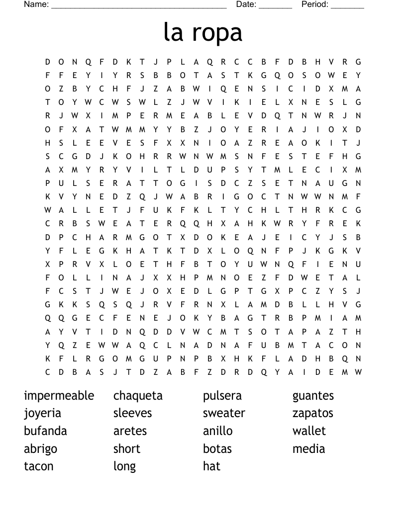 la ropa Word Search