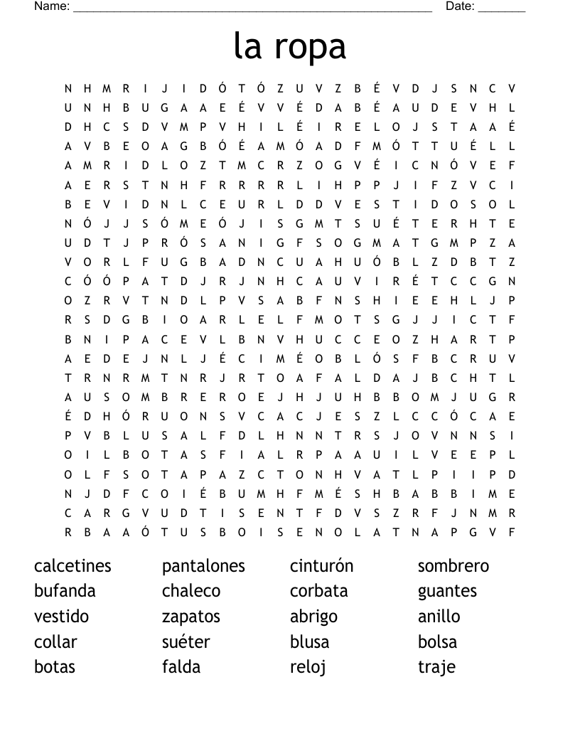 la ropa Word Search