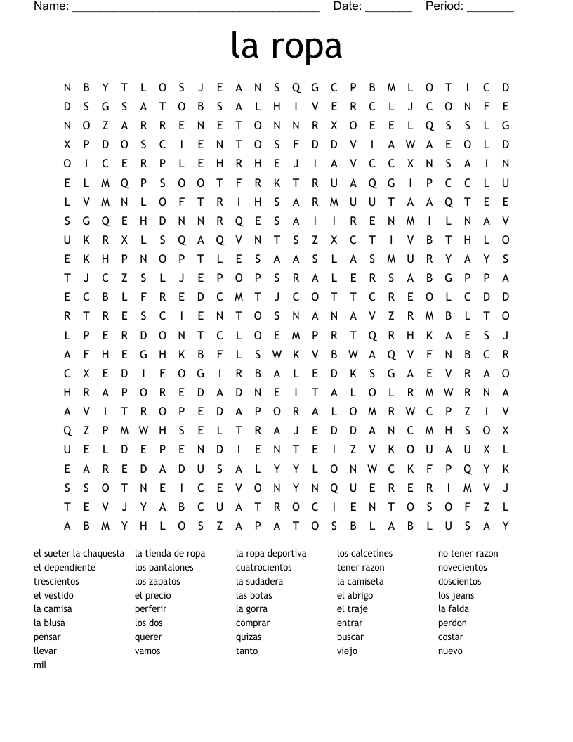 la ropa  Word Search