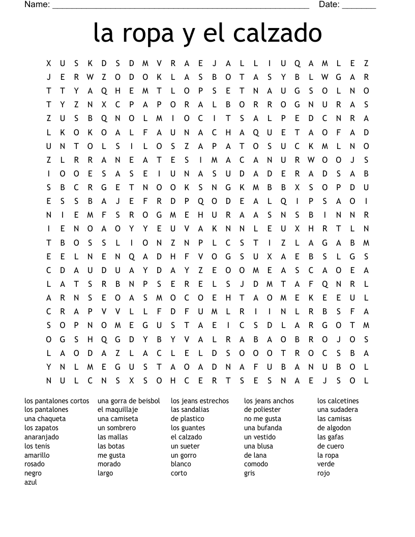 la ropa y el calzado Word Search