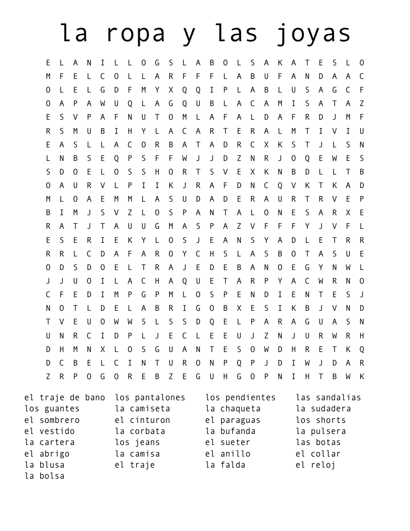 la ropa y las joyas Word Search