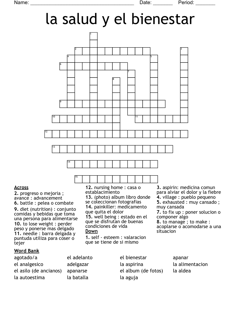 la salud y el bienestar Crossword