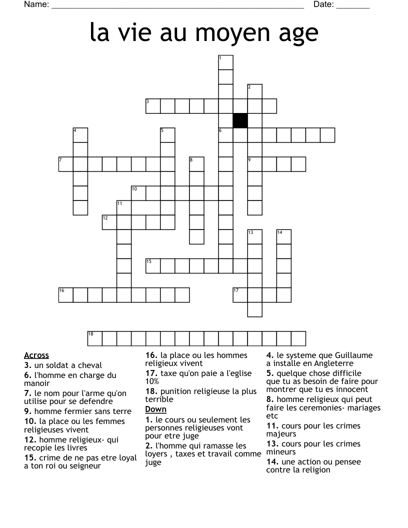 la vie au moyen age Crossword