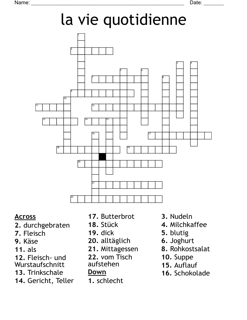 la vie quotidienne Crossword