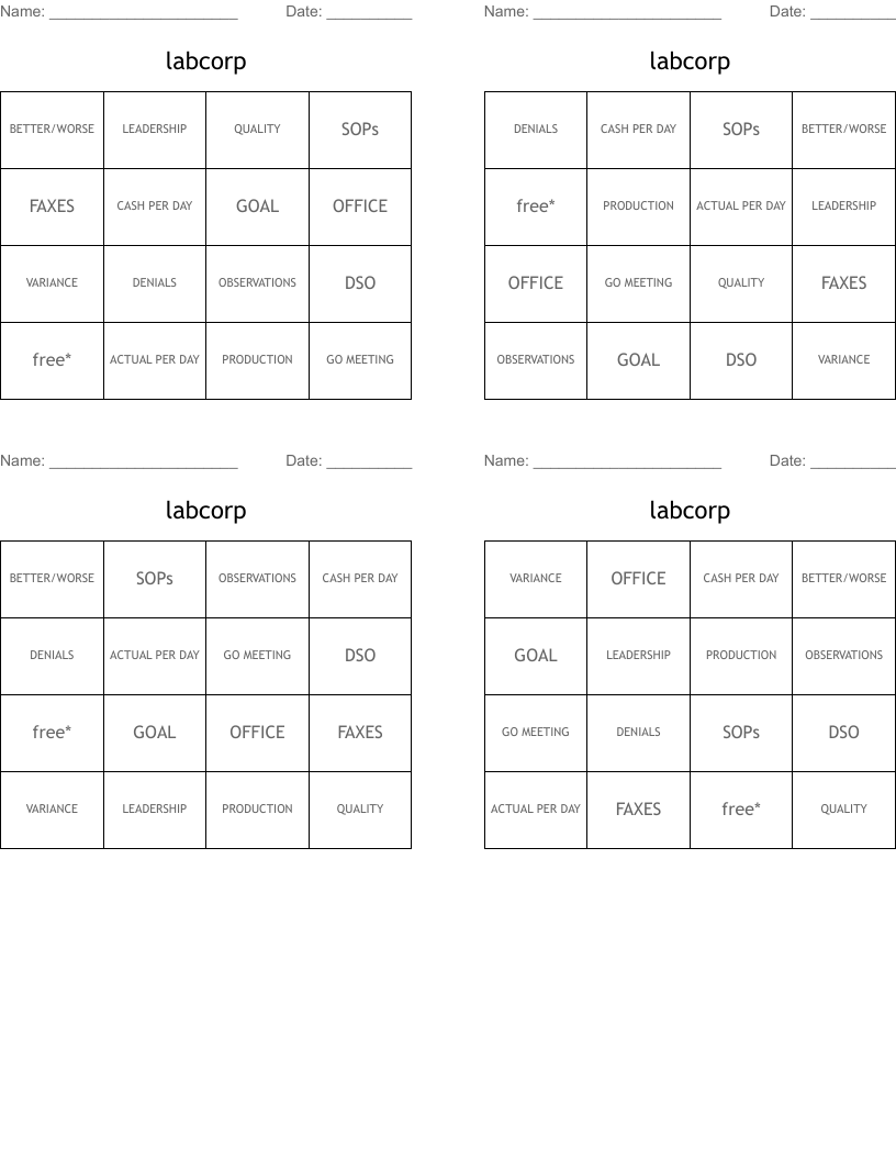 labcorp Bingo Cards