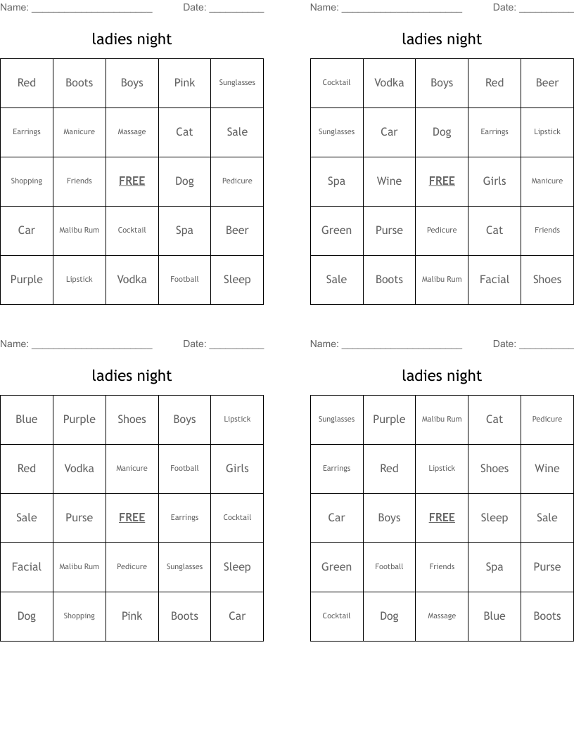 ladies night Bingo Cards
