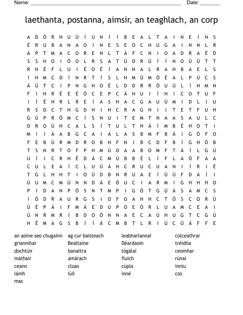 laethanta, postanna, aimsir, an teaghlach, an corp Word Search