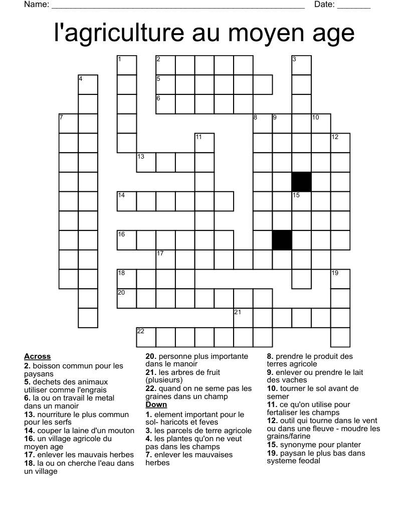 l'agriculture au moyen age Crossword