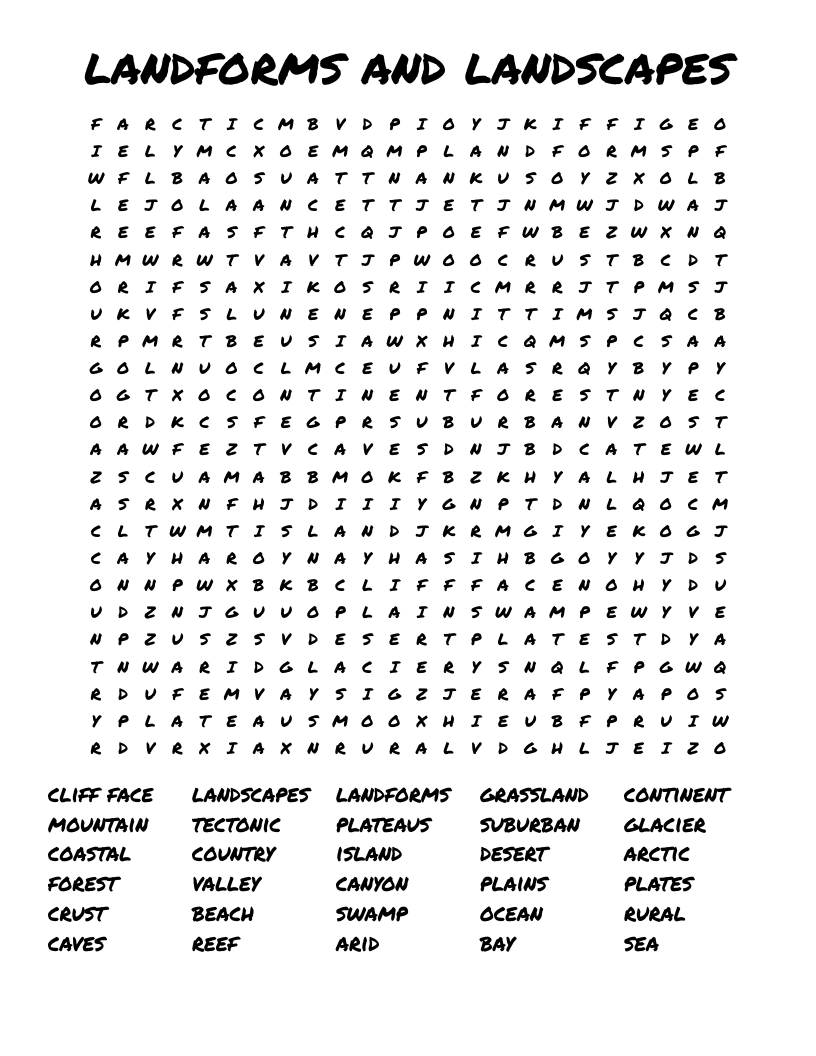 landforms and landscapes Word Search
