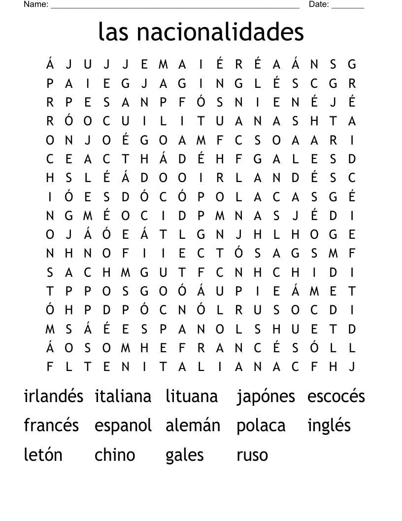 las nacionalidades Word Search