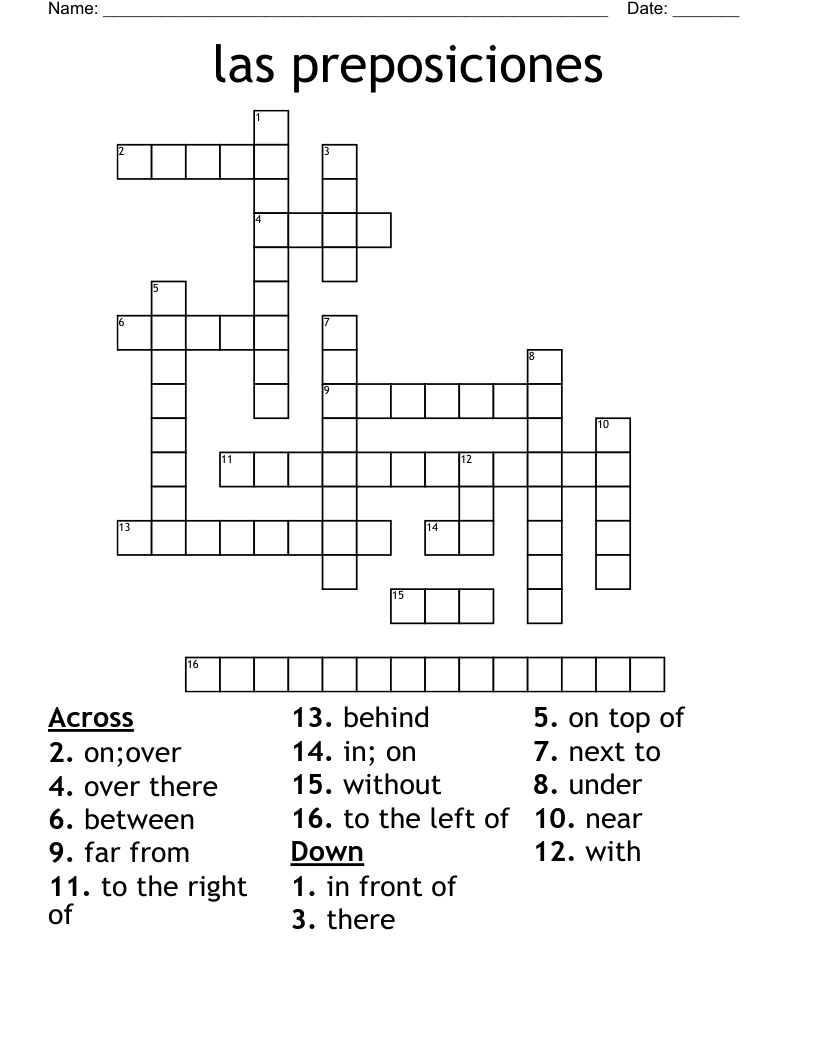 las preposiciones Crossword