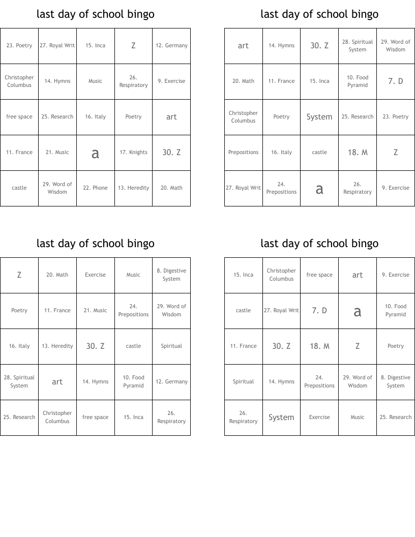 last day of school bingo