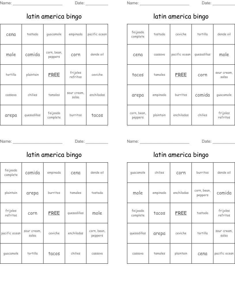 latin america bingo