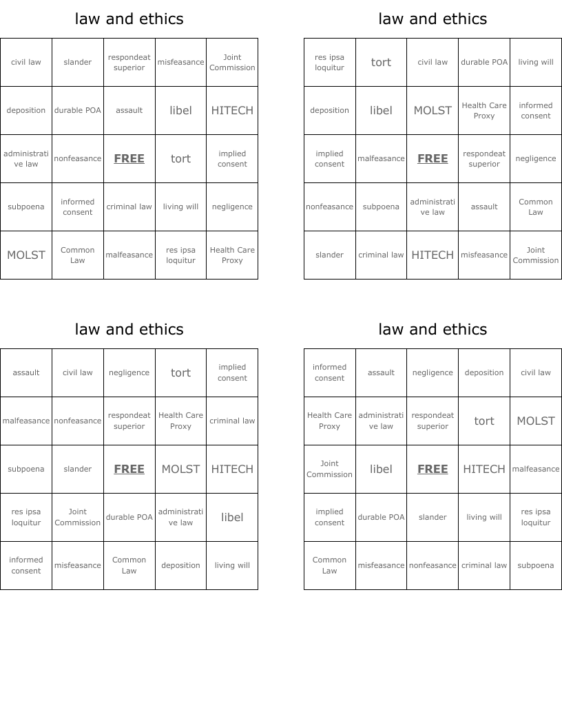 law and ethics Bingo Cards