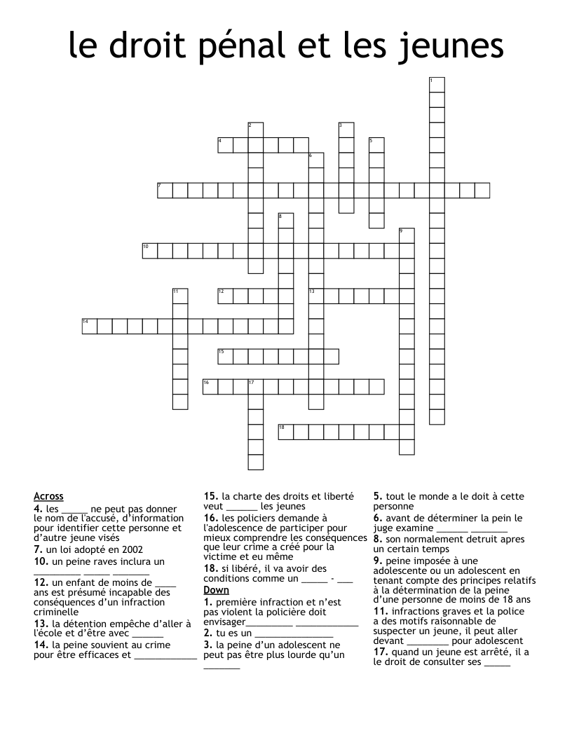 le droit pénal et les jeunes Crossword
