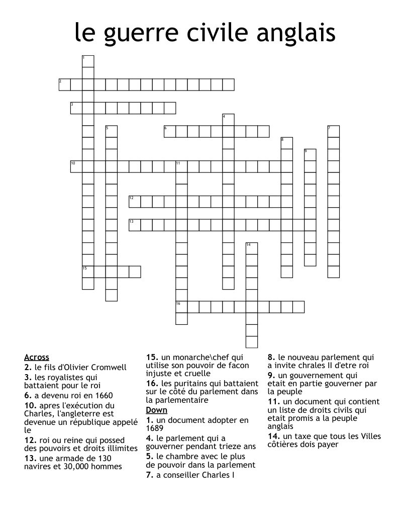le guerre civile anglais Crossword