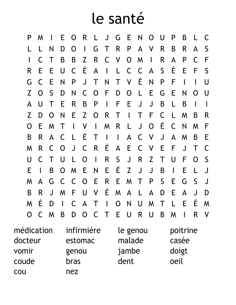 le santé Word Search