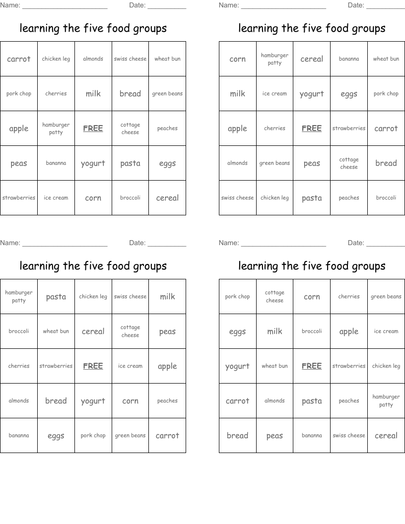 learning the five food groups Bingo Cards