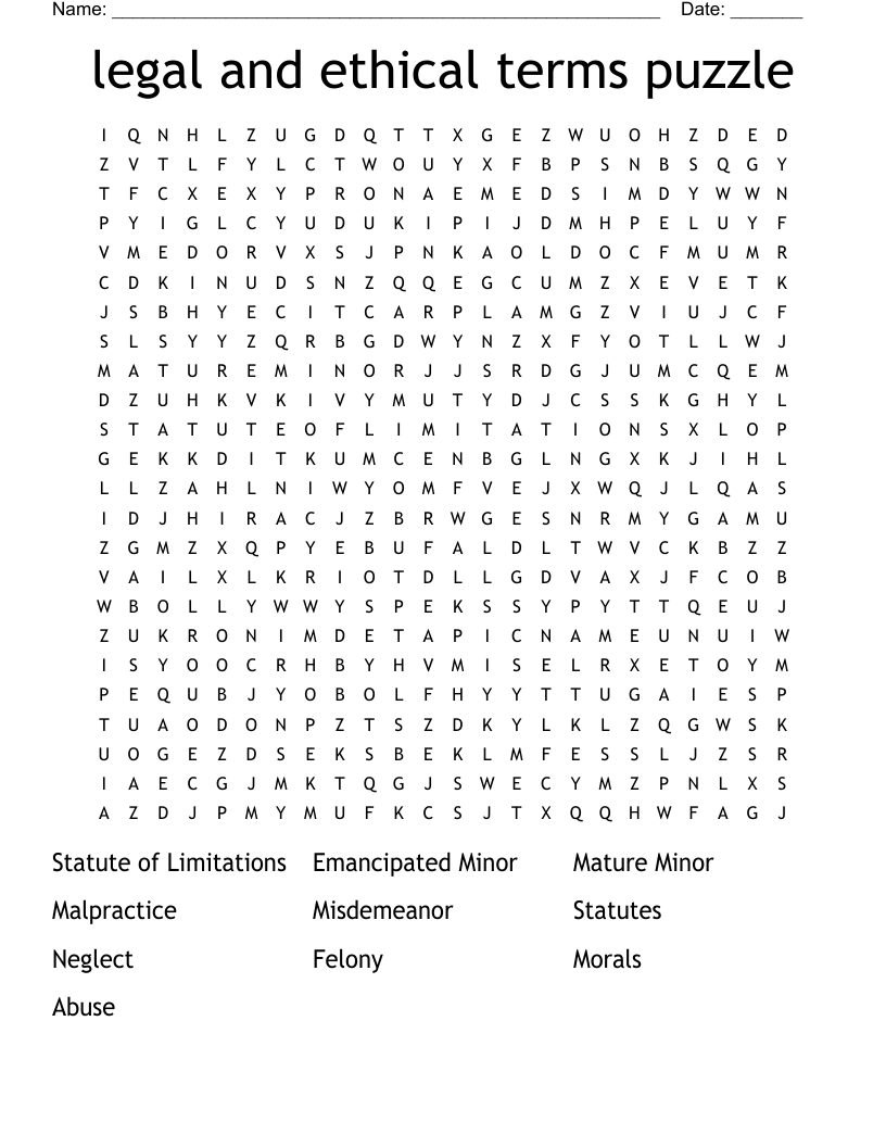 legal and ethical terms puzzle Word Search
