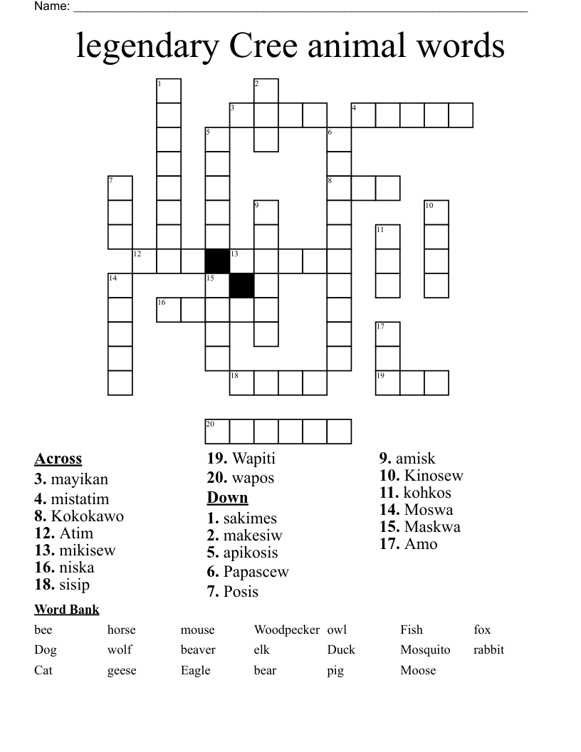legendary Cree animal words  Crossword