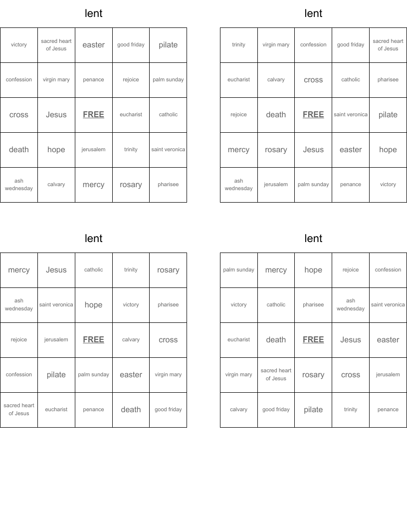 lent Bingo Cards
