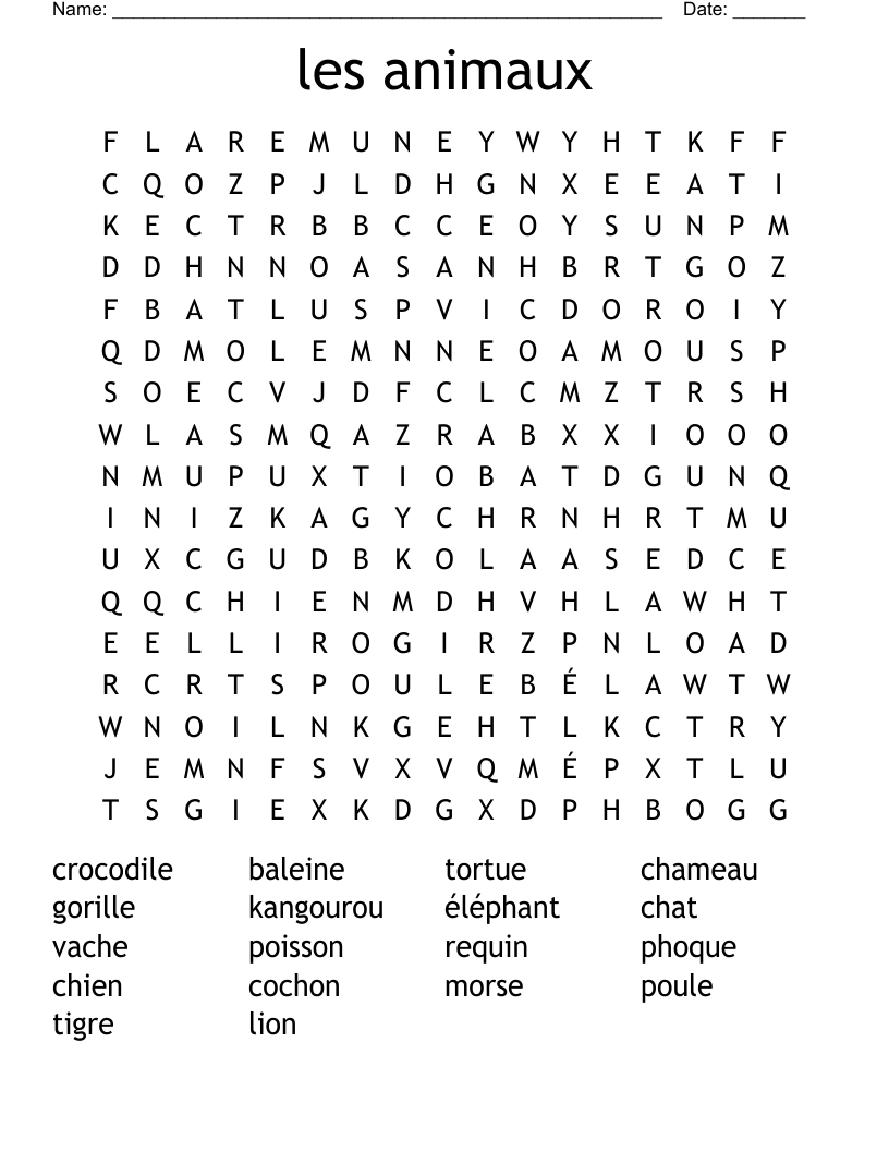 les animaux Word Search