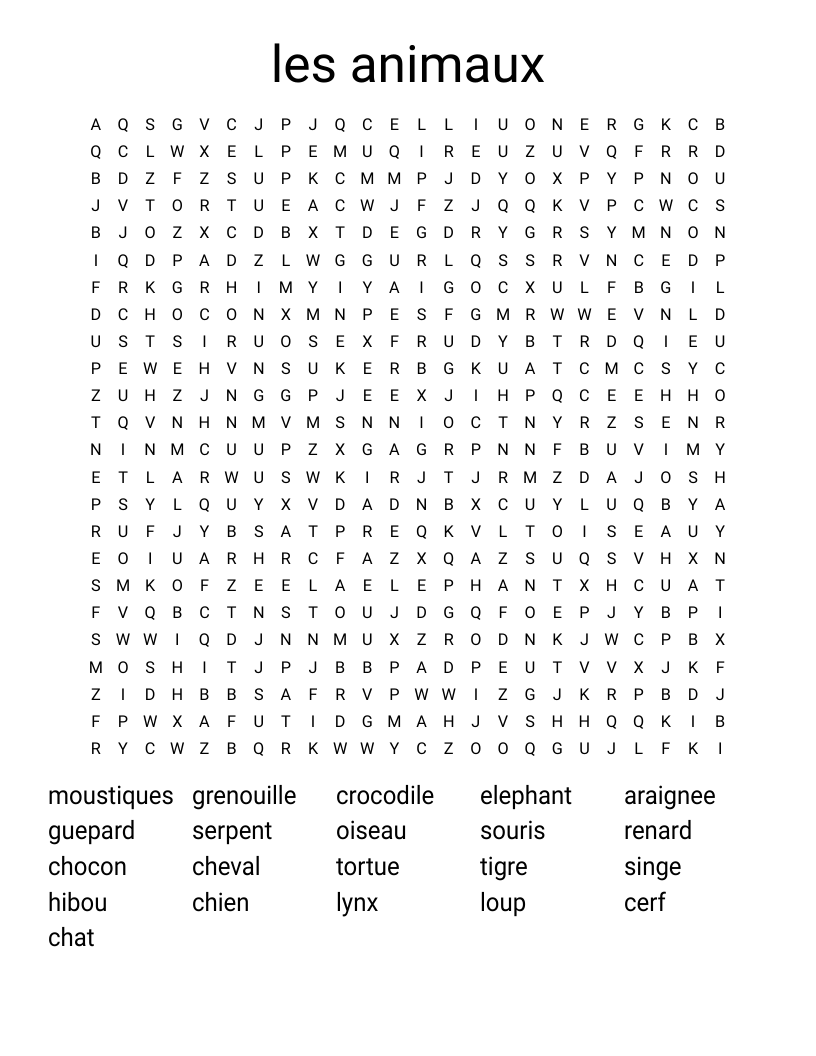 les animaux Word Search