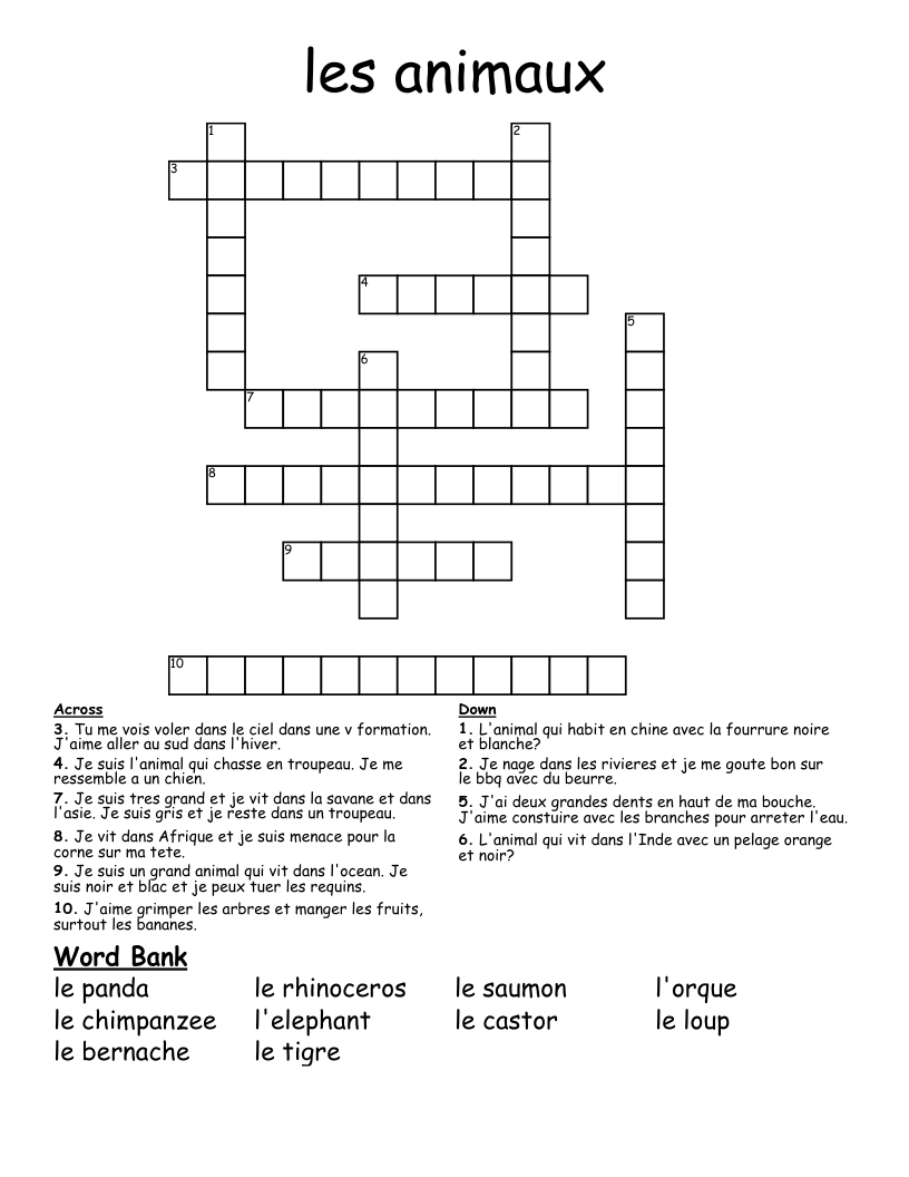 les animaux Crossword