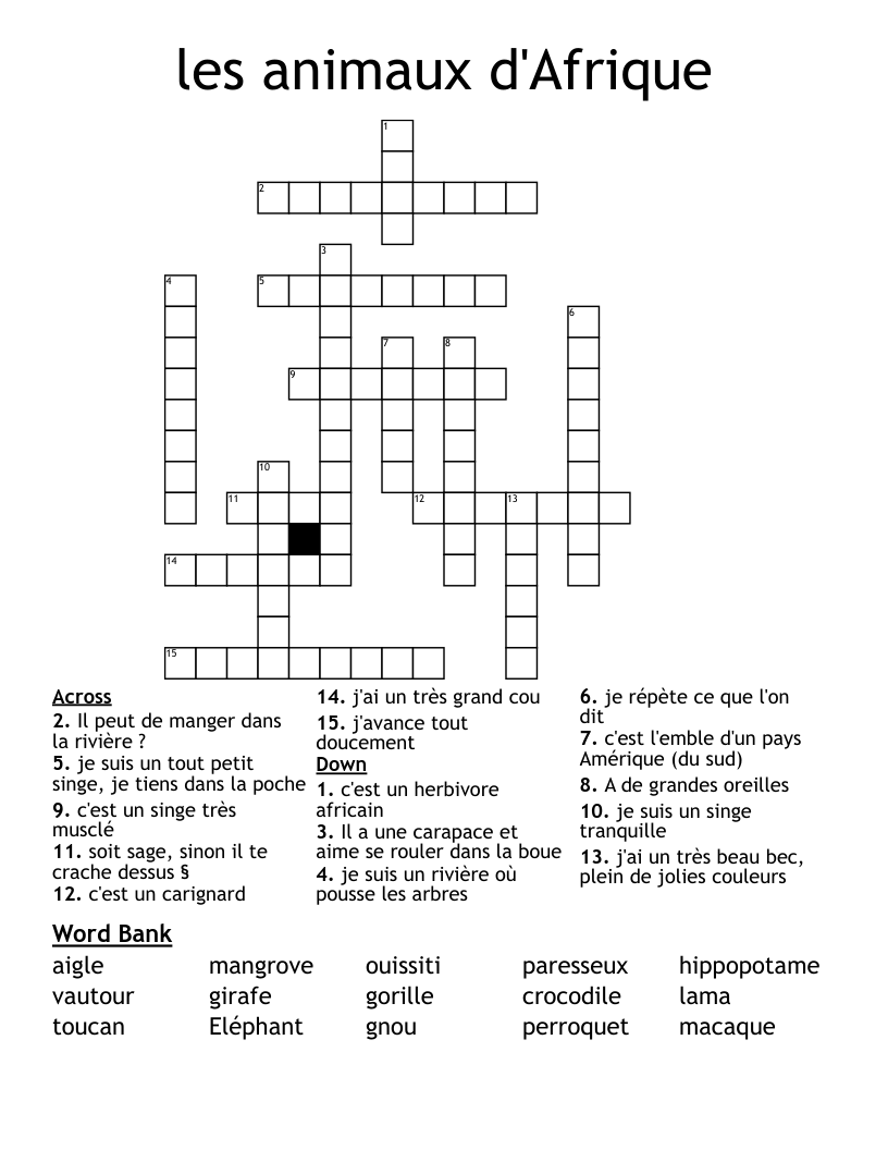 les animaux d'Afrique Crossword
