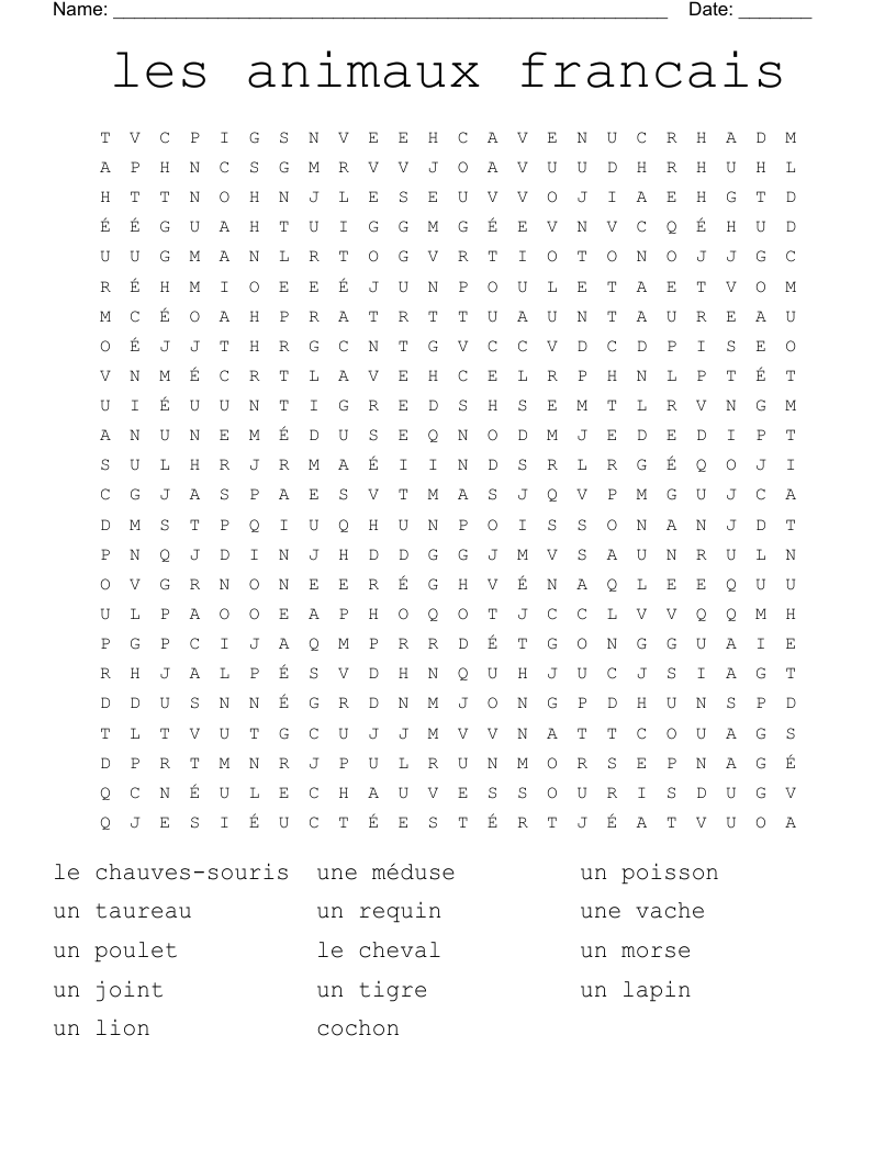 les animaux francais  Word Search
