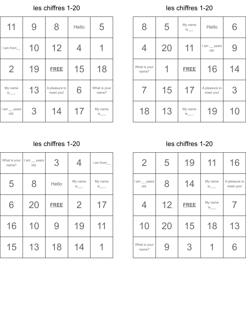 les chiffres 1-20 Bingo Cards