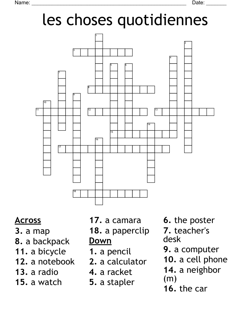 les choses quotidiennes Crossword
