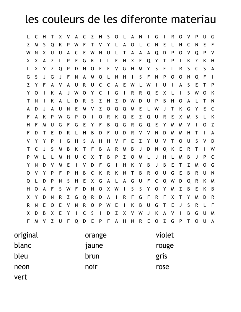 les couleurs de les diferonte materiau Word Search