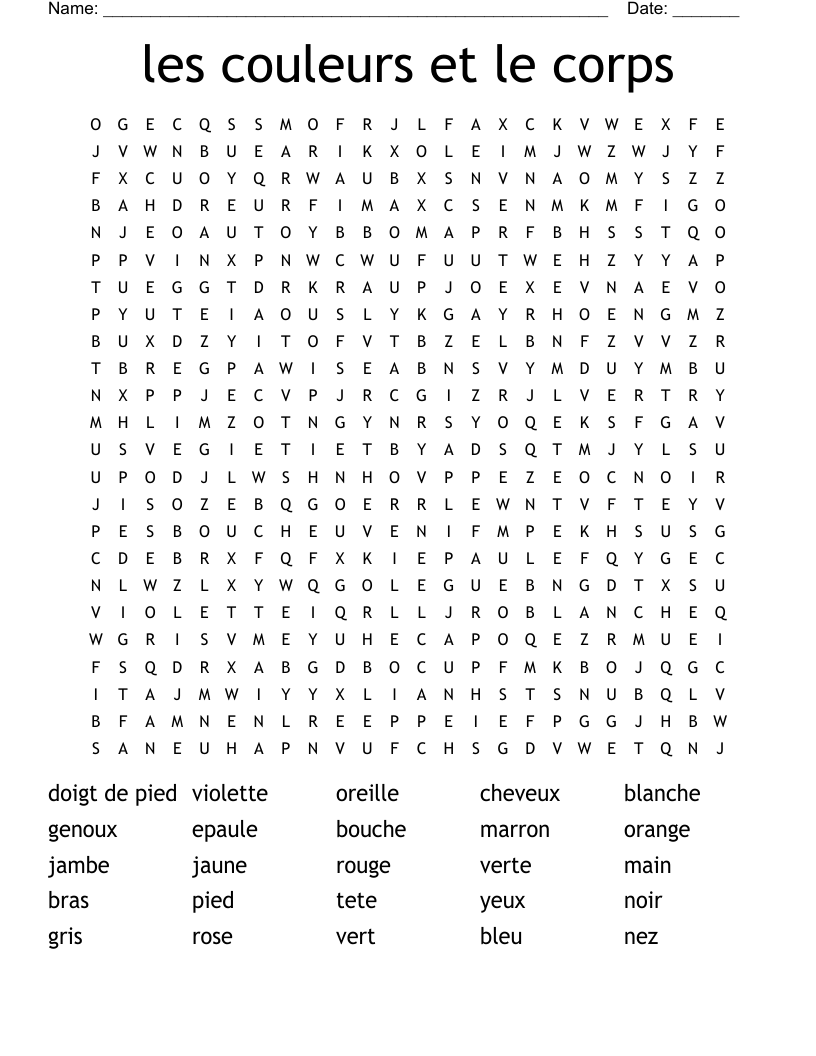 les couleurs et le corps Word Search