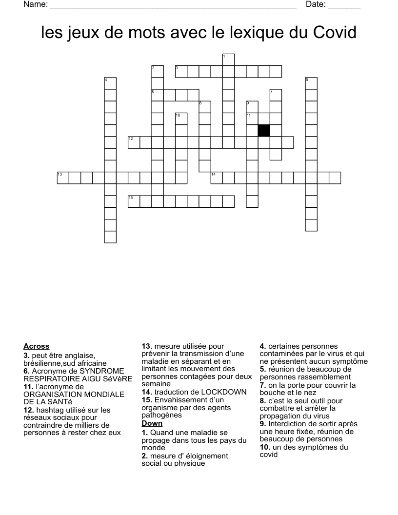 les jeux de mots avec le lexique du Covid Crossword