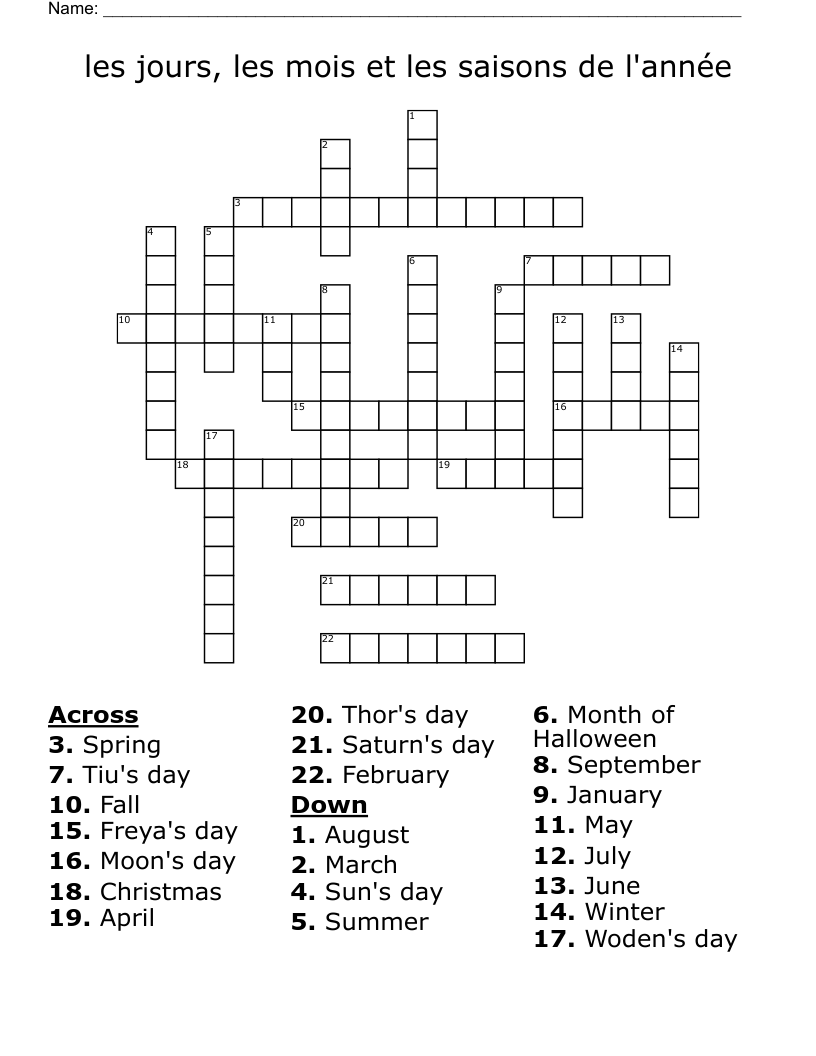 les jours, les mois et les saisons de l'année Crossword