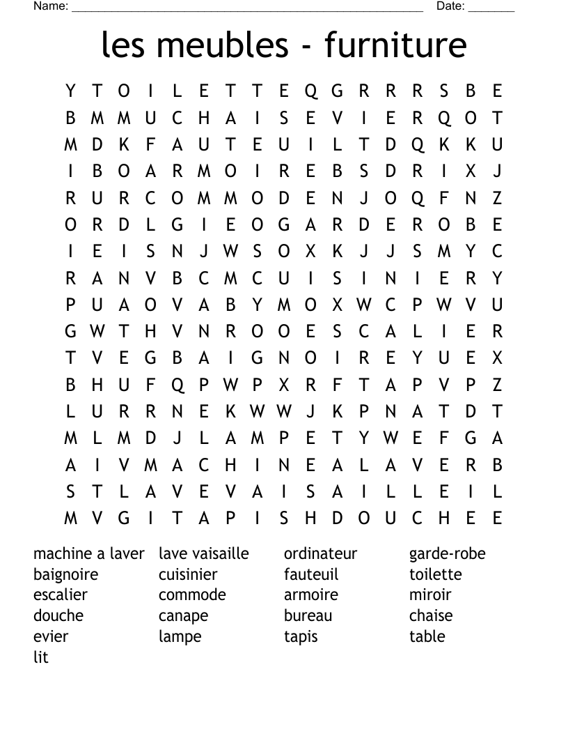 les meubles - furniture Word Search