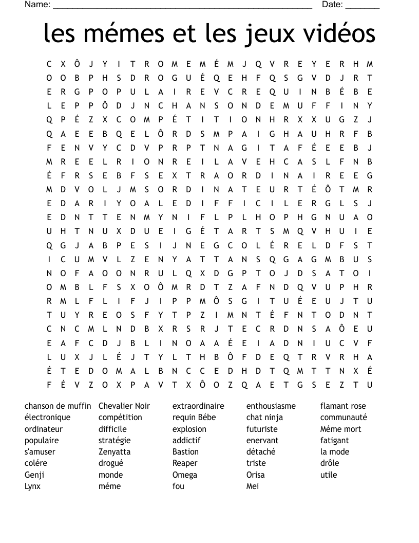 les mémes et les jeux vidéos Word Search