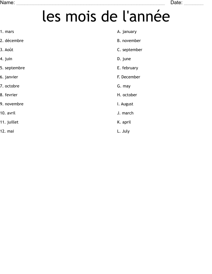 les mois de l'année Worksheet