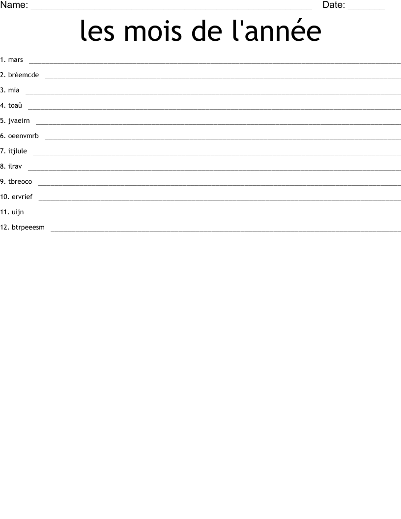 les mois de l'année Word Scramble
