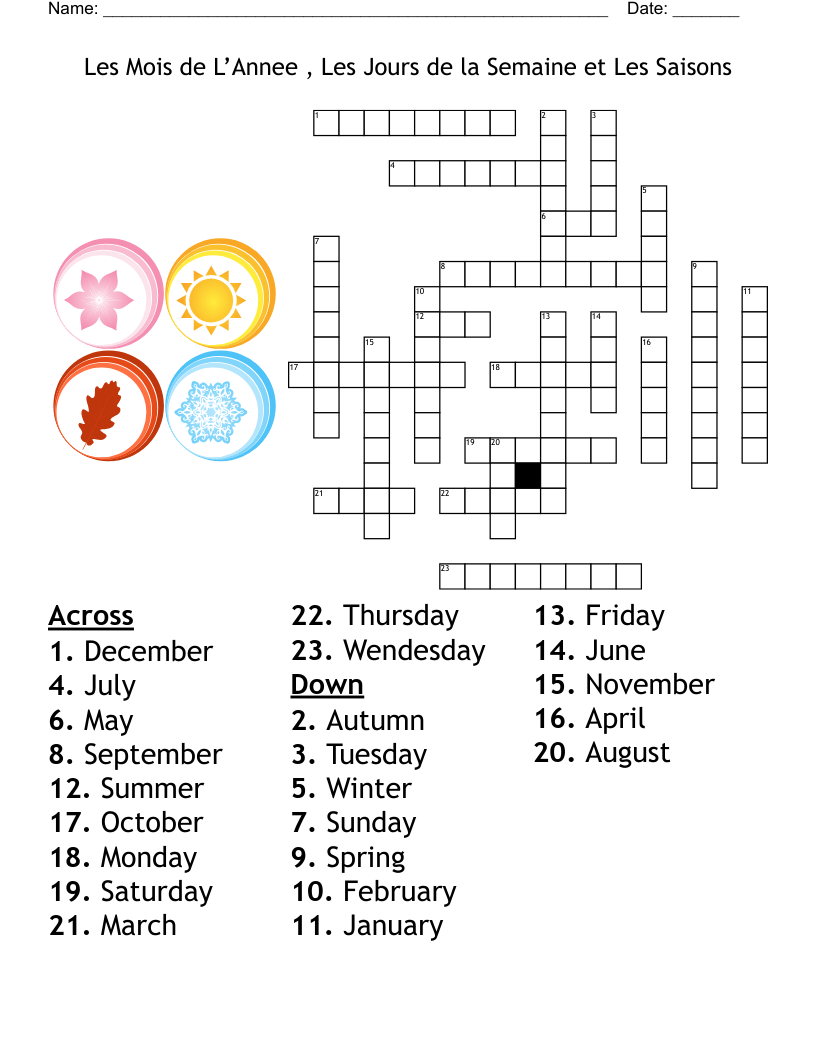Les Mois de L’Annee , Les Jours de la Semaine et Les Saisons Crossword