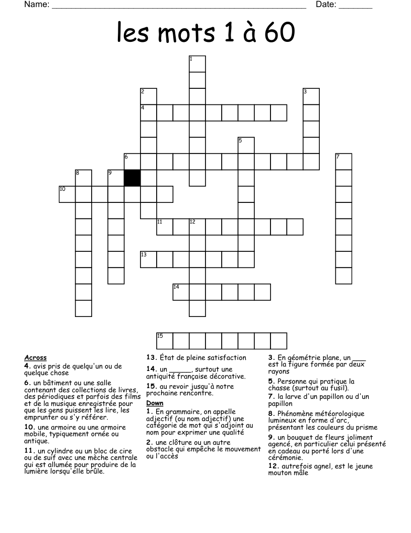 les mots 1 à 60 Crossword