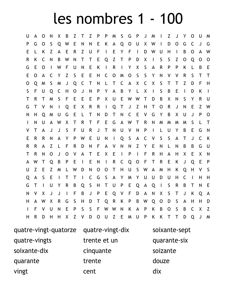 les nombres 1 - 100 Word Search