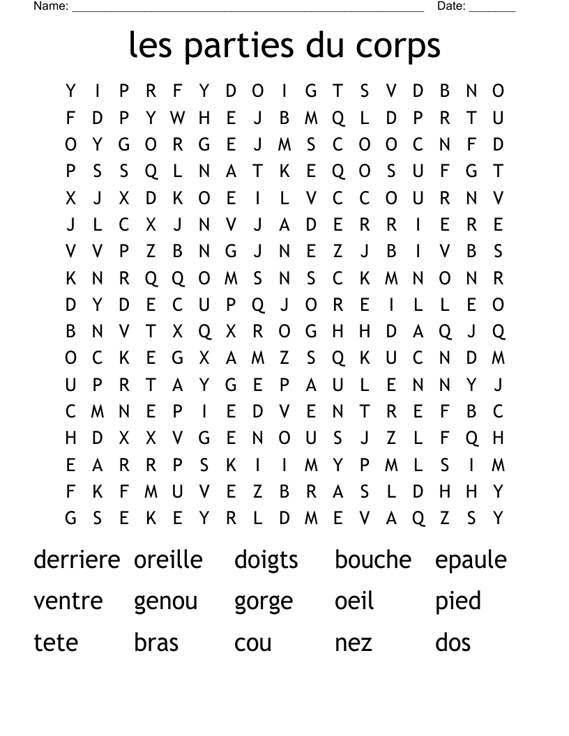 les parties du corps Word Search