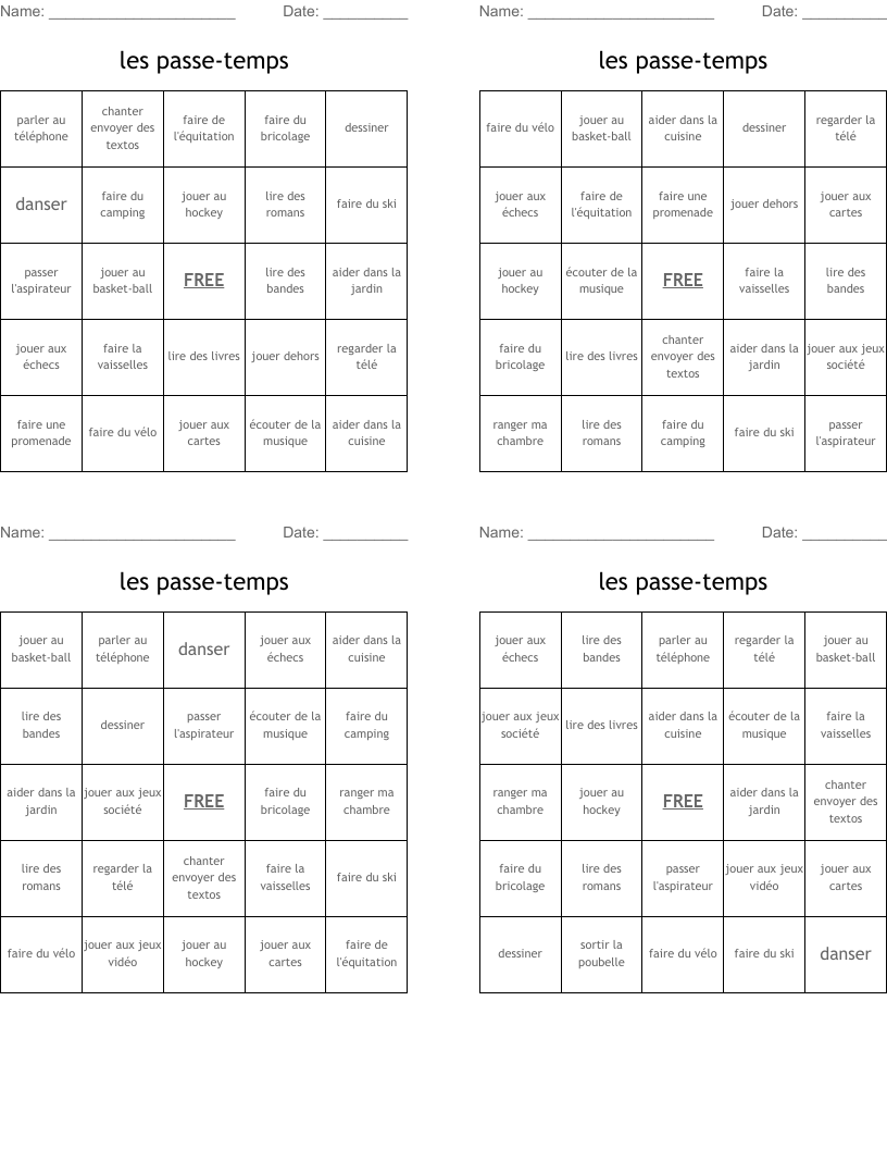 les passe-temps Bingo Cards