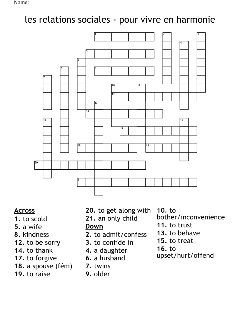 les relations sociales - pour vivre en harmonie Crossword