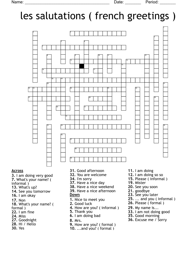 les salutations ( french greetings ) Crossword