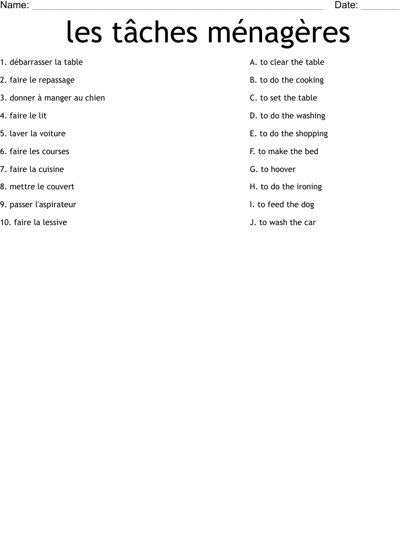 les tâches ménagères Worksheet